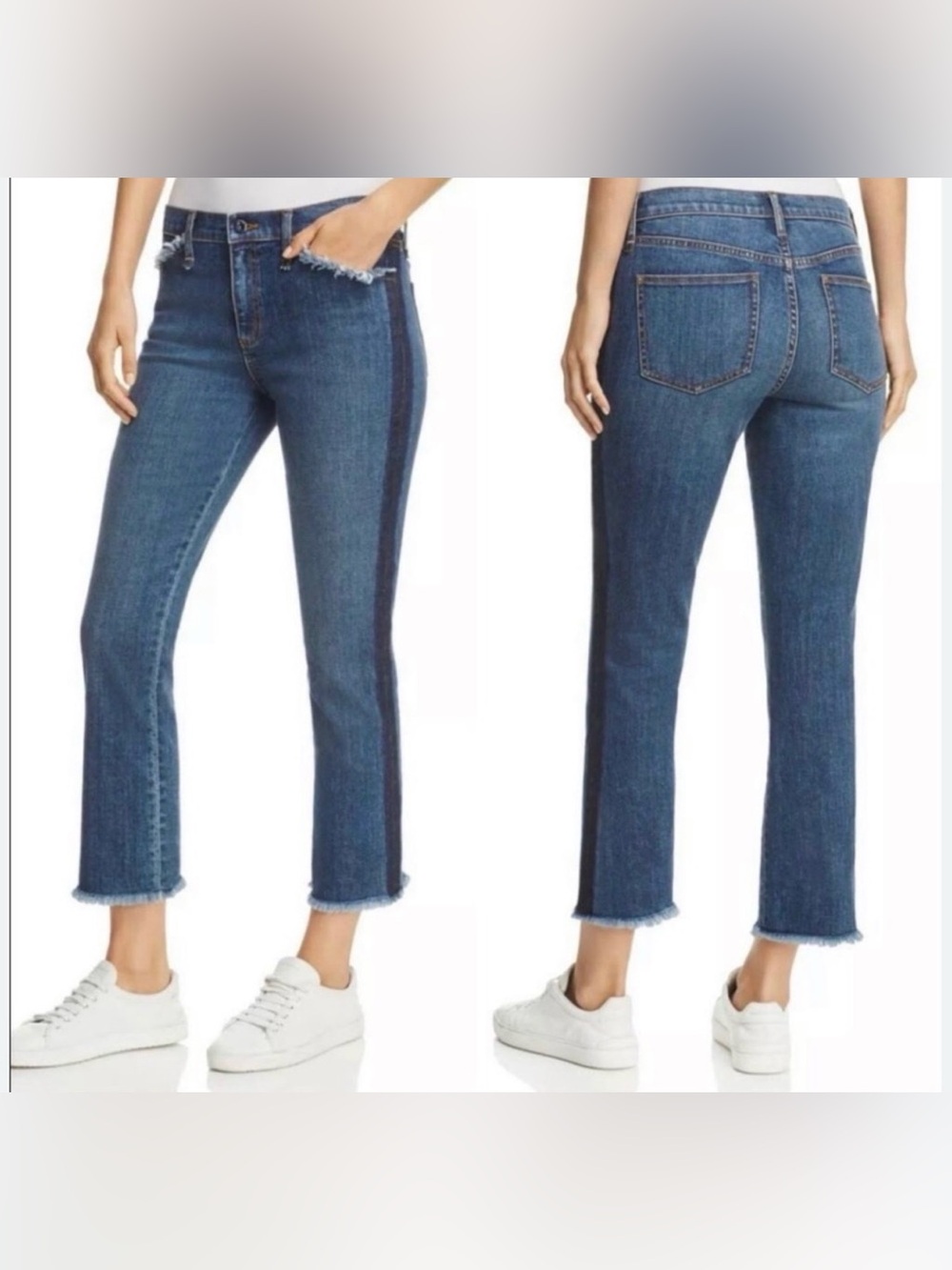 Tory Burch Dark-Stripe Blue Cropped Fray-Hem Jeans